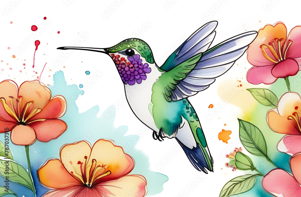 Beautiful green hummingbird flying, pink and yellow flowers, watercolor illustration, postcard