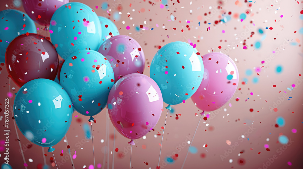 Decoration for surprise parties with balloons and confetti set up as wide banner with copy space area. Generative AI. Decoration for surprise parties with balloons and confetti set up as wide banner with copy space area. Generative AI.