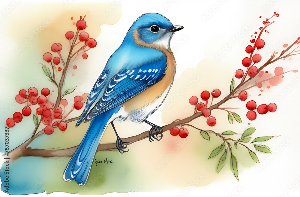 Fototapeta Beautiful blue bird sitting on a branch with red berries, watercolor illustration, postcard