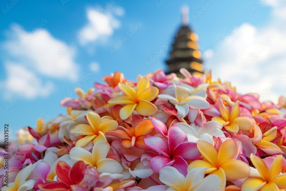 Multicolored plumeria branch blooms set on a Dewey Buddhist Stupa bokeh background