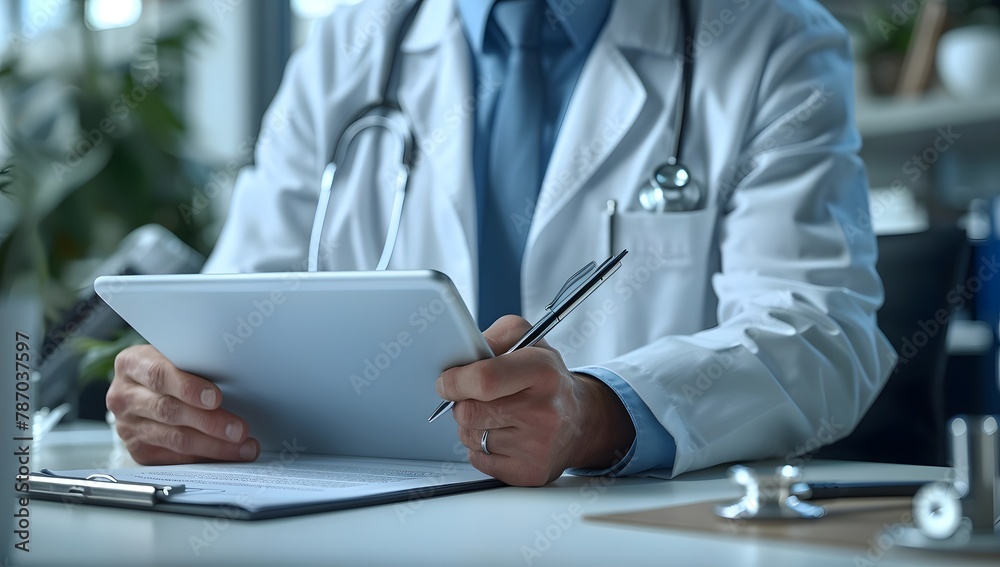 Male doctor work on digital tablet and reading medical document on clipboard, with stethoscope, at clinic or hospital