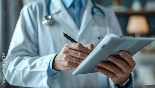 Male doctor work on digital tablet and reading medical document on clipboard, with stethoscope at clinic or hospital.