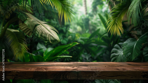 Step into a world where a wooden table top stand harmonizes with the tropical beauty of dark blurred palm and banana leaves. 