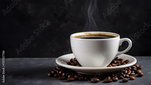 A steaming cup of coffee set against black backdrop