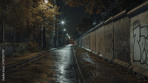 AI generated illustration of a derelict urban alleyway along a graffiti-covered wall at night