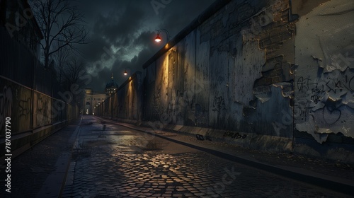 AI generated illustration of a derelict urban alleyway along a graffiti-covered wall at night