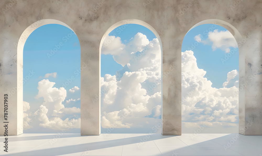 arched frameless windows with clouds in them, Generative AI