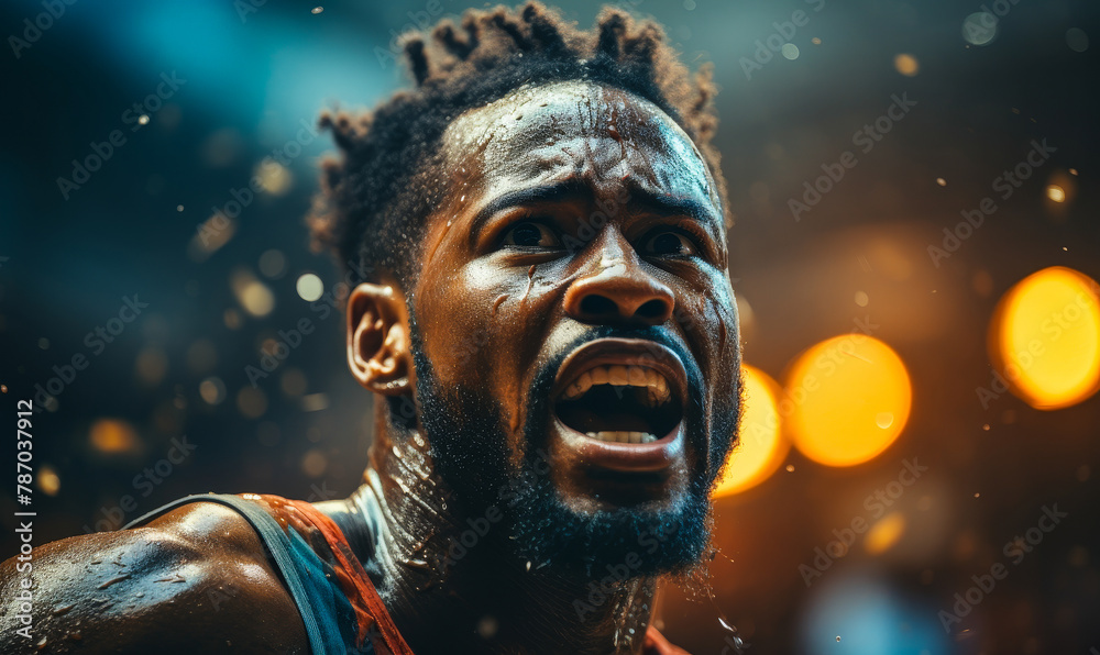 Triumphant African American basketball player dunks powerfully amidst cheering crowd, intense action captured from behind in cinematic sports shot