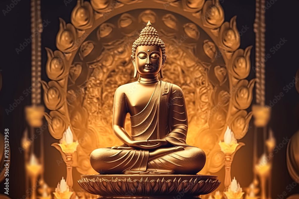 A gold statue of a Buddha is sitting on a table. A gold statue of a Buddha is sitting on a table.