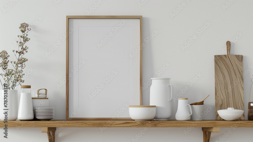 a modern mockup frame on a kitchen wooden shelf on a white wall background a modern mockup frame on a kitchen wooden shelf on a white wall background