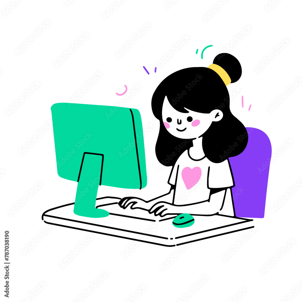 Girl works at computer desk. Happy person employee at desktop PC, table. Worker working at workplace, typing, surfing internet, using technology. Flat vector illustration isolated Girl works at computer desk. Happy person employee at desktop PC, table. Worker working at workplace, typing, surfing internet, using technology. Flat vector illustration isolated