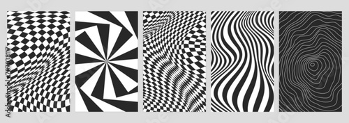 Set of warped checkerboard posters with distorted swirl and checkered texture. Trendy vector chessboard backgrounds in retro y2k psychedelic style. Seamless geometric pattern with grid tile, wavy line