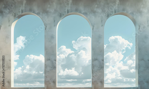 arched frameless windows with clouds in them, Generative AI