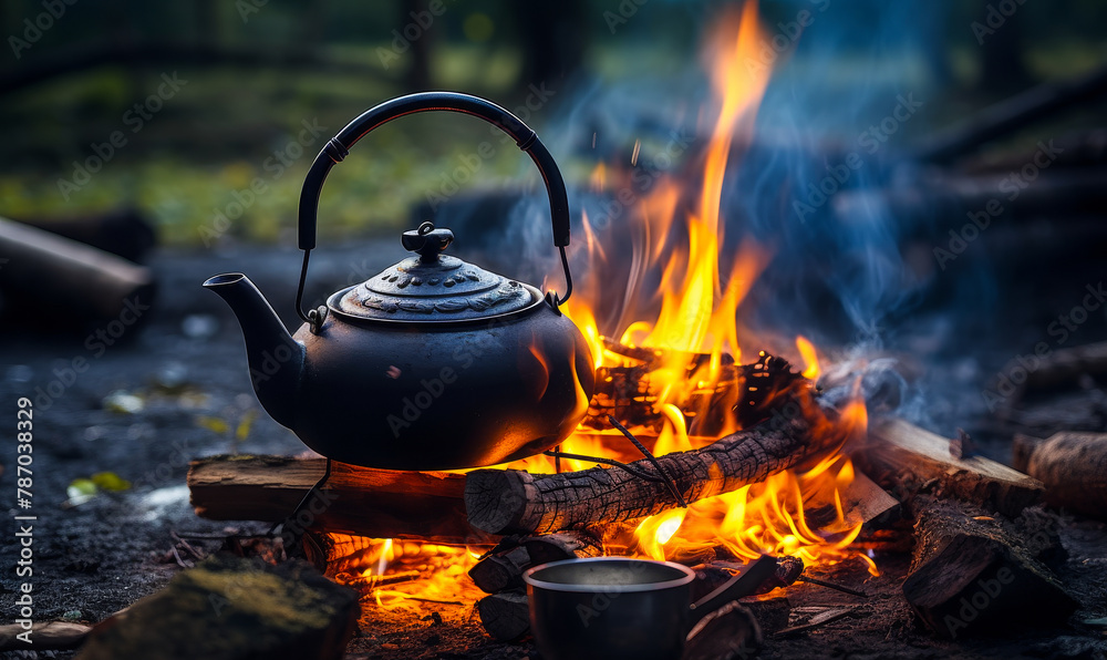 Camping Adventure: Kettle Boiling Water on Bonfire at Night in Forest, Outdoor Expedition Concept Camping Adventure: Kettle Boiling Water on Bonfire at Night in Forest, Outdoor Expedition Concept
