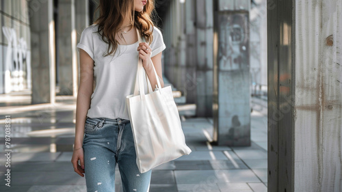 A woman carrying white blank tote bag with no design mockup photo