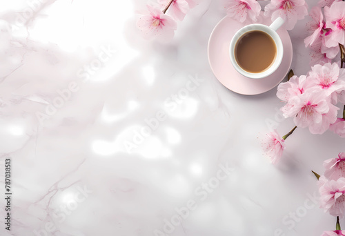 AI generated illustration of a coffee cup and flowers on white marble surface