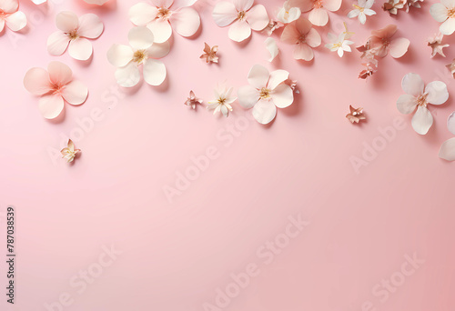 AI generated illustration of white and pink flowers on a light backdrop with space for text