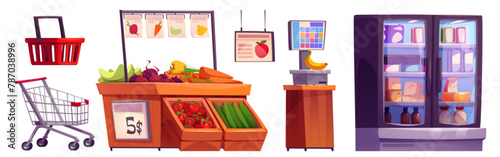 Supermarket interior equipment and furniture - products in refrigerator, vegetable on racks, cart and basket, scales for weighing food. Cartoon vector set of grocery hypermarket inside elements. © klyaksun