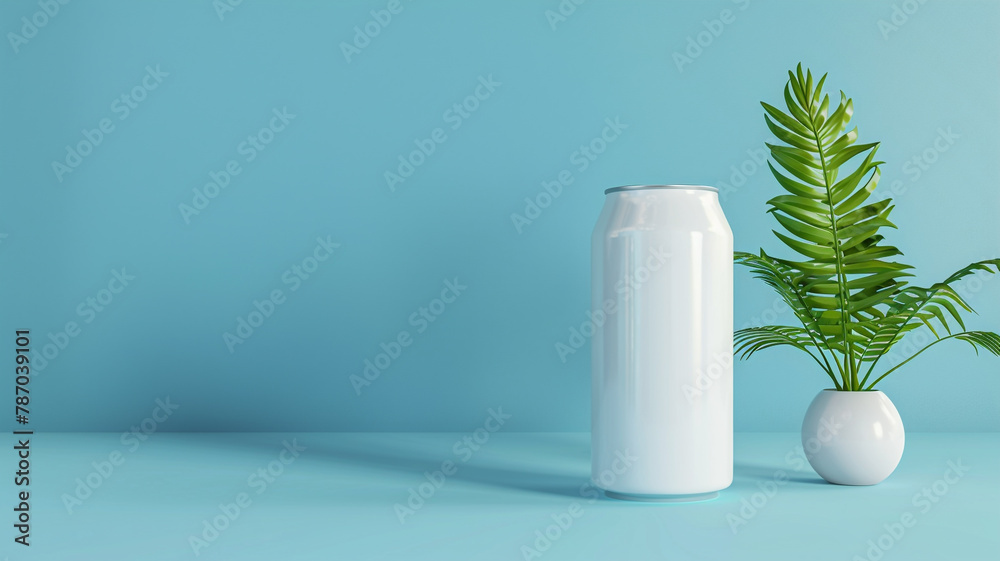 Mockup of white can on blue background Mockup of white can on blue background