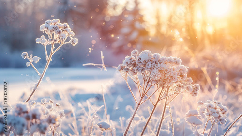 Step into the enchanting winter landscape with an HD capture featuring frozen plants in nature, delicately covered with ice and snow  photo