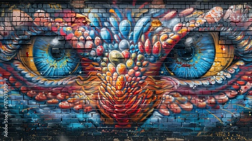 A brick wall adorned with a vibrant street art mural depicting a fantastical creature or a social message.
