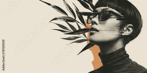 Stylish Woman with Sunglasses and Tropical Plant Silhouette