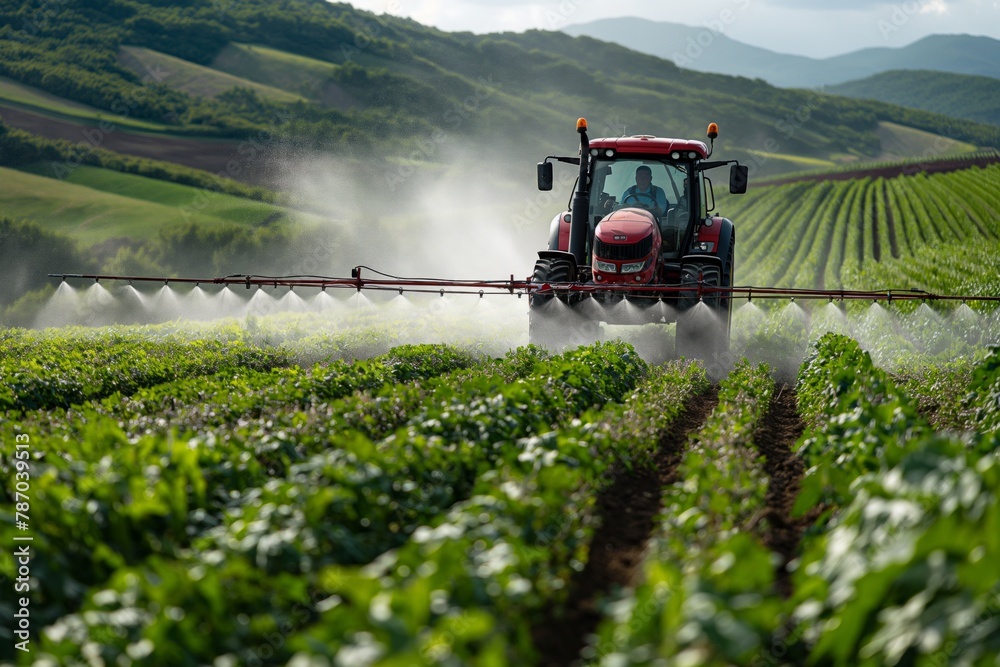 Fototapeta premium Tractor spraying crops in a lush green field with rolling hills in the background