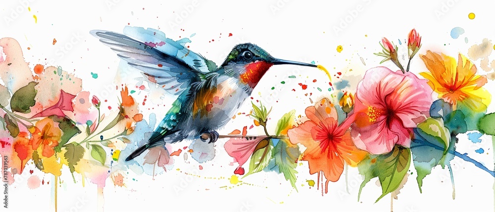 Watercolor illustration of a cute hummingbird sipping nectar, surrounded by vibrant flower blossoms, painted in bright, joyful colors