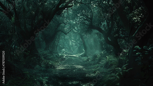 Step into the enigmatic world of a dark green forest, where nature's shadows create a haunting atmosphere.  #787039520