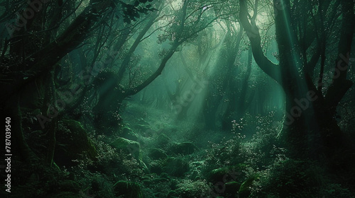Step into the enigmatic world of a dark green forest, where nature's shadows create a haunting atmosphere. 