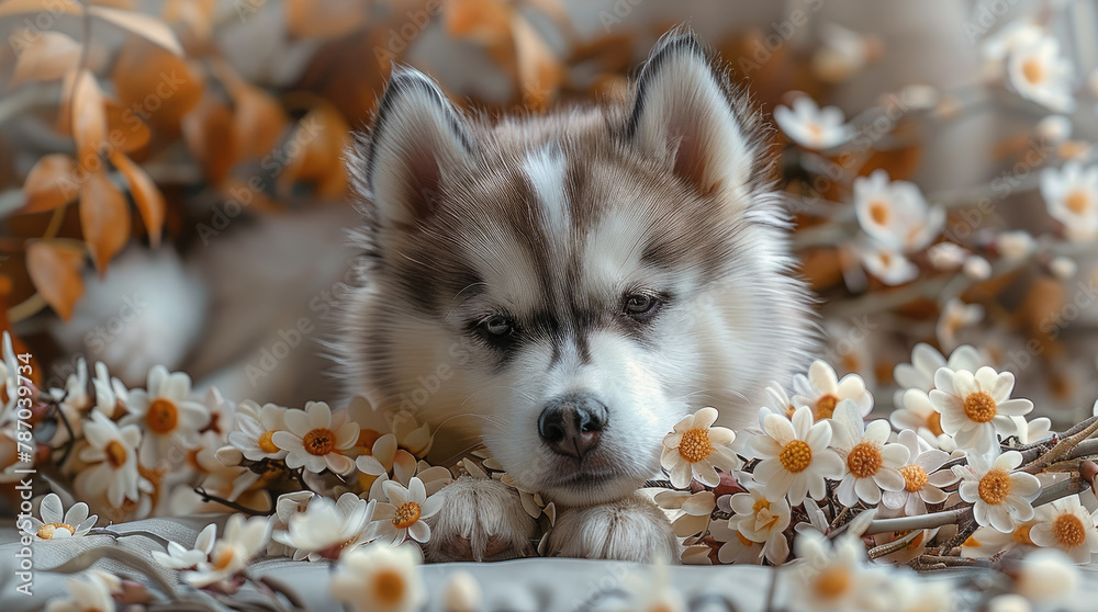 A small decorated exotic husky dog with porcelain flowers. Generative AI.