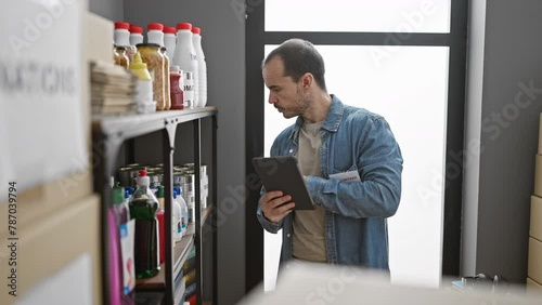 A bald man with a beard wearing a denim shirt uses a tablet in a storeroom with shelves stocked with food and cleaning supplies. photo