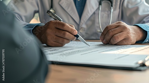 A doctor is writing a report on the results of a patient's diagnosis photo