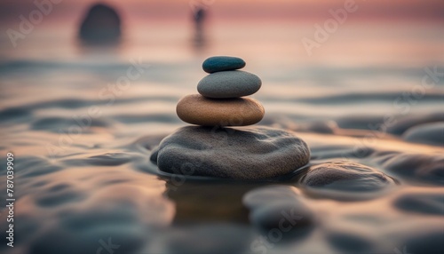 A serene scene  colorful stones balanced  mirrored on tranquil water  under a sunset sky.