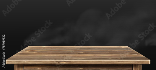 Wooden rustic table top on black background with smoke effect. Realistic 3d vector illustration of front perspective view on desk tabletop with brown wood texture surface for products display.