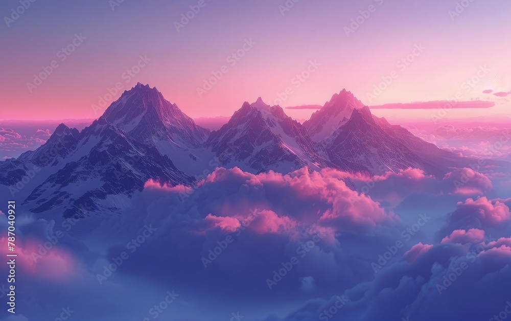 The mountains are covered in snow and the sky is a beautiful pink color The mountains are covered in snow and the sky is a beautiful pink color