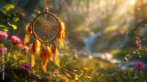 Dream catcher hangs from tree in flowerfilled field, creating a mystical scene