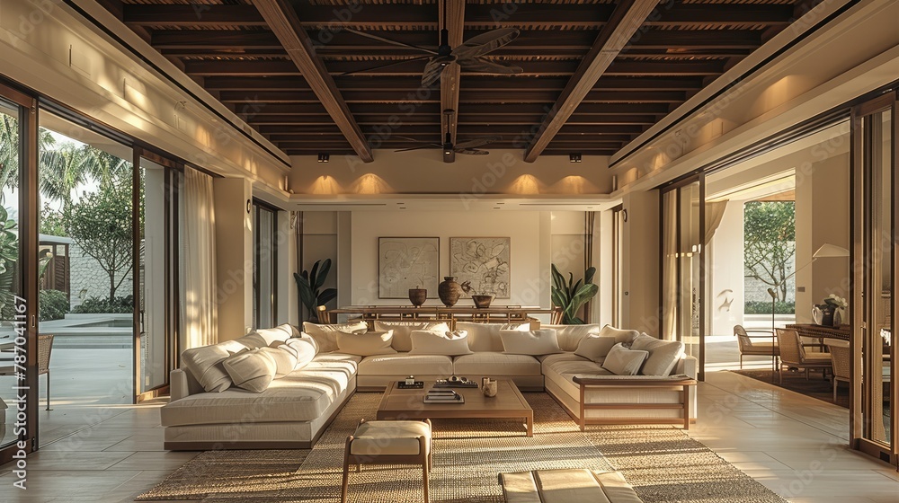 The living room in an elegant villa, featuring neutral tones and light wood accents with natural lighting. The ceiling is made from dark brown wooden panels. Generative AI. The living room in an elegant villa, featuring neutral tones and light wood accents with natural lighting. The ceiling is made from dark brown wooden panels. Generative AI.