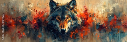 This art portrays a lone wolf's visage, combining rustic earth tones with a splash of abstract elements