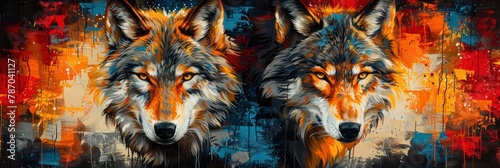 A digitally painted pair of wolves is set against a background bursting with bold colors and abstract forms