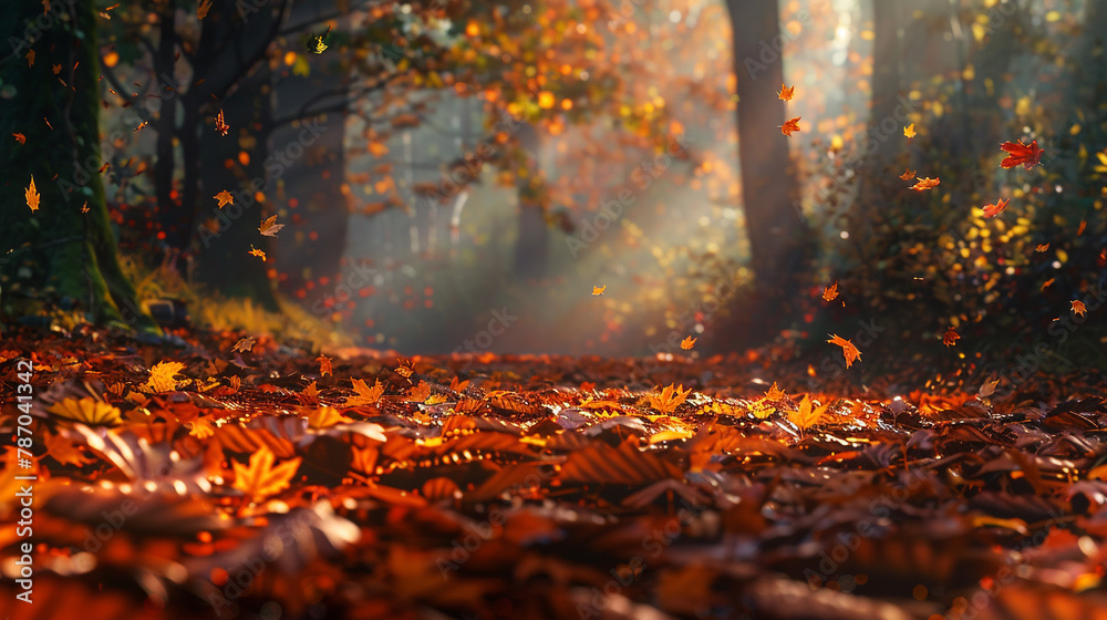 Step into the picturesque beauty of an HD capture showcasing a fall season landscape. Witness the forest floor Step into the picturesque beauty of an HD capture showcasing a fall season landscape. Witness the forest floor