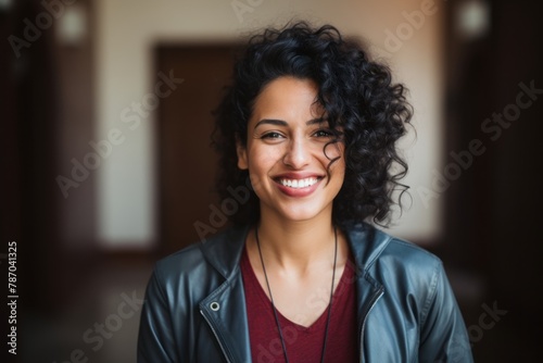 Portrait of a smiling indian woman in her 30s sporting a stylish varsity jacket isolated on serene meditation room photo