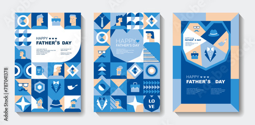 Set of Fathers Day poster, greeting card, banner, label, sale promotion template, cover in geometric style. Geometric print, pattern. Vector illustration.