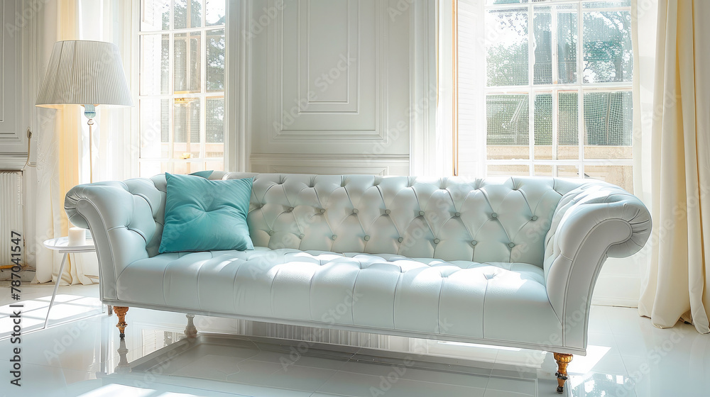 Fototapeta premium A bright Sofa in shabby Retro Style in a White and Clean living room. Generative AI.