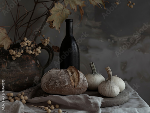 A rustic still life with bread, pumpkins, a bottle, and a vase with berries and leaves, evoking an autumnal atmosphere