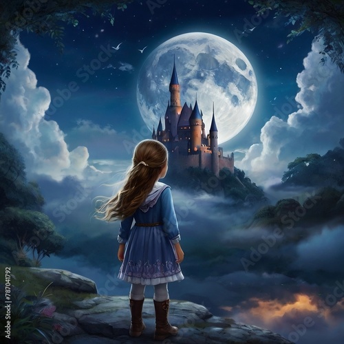 Step into a world of fantasy and adventure as a young girl explores a citadel under the moonlight, inviting viewers on an enchanting journey of imagination and discovery. photo