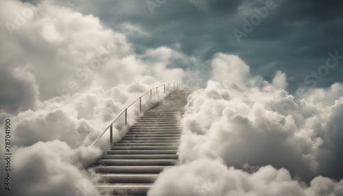 A white stairway ascends through fluffy clouds towards the sky, evoking the concept of a journey to heaven.