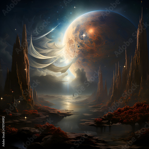 Fantasy landscape with planet and clouds.