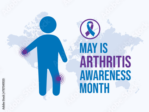 May is Arthritis Awareness Month poster vector illustration. Person with joint pain symbol. Blue purple awareness ribbon icon. Template for background, banner, card. Important day