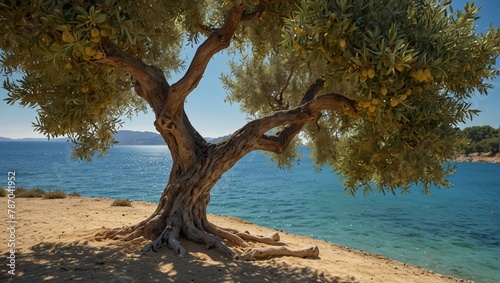 Mediterranean olive tree by the sea, branches filled with plump olives ready to be picked